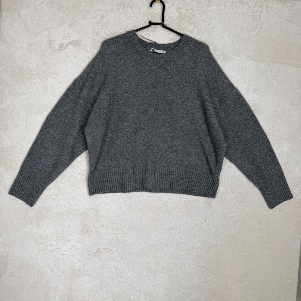 Zara Women Heather Grey Oversized Crewneck Knit Sweater Large Drop Shoulder